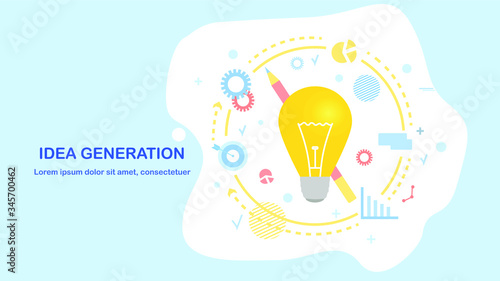 Vector creative idea color illustration. A light bulb around which thoughts and decisions revolve. The concept of brainstorming and ingenious solution. Flat style on blue background, Landing Page