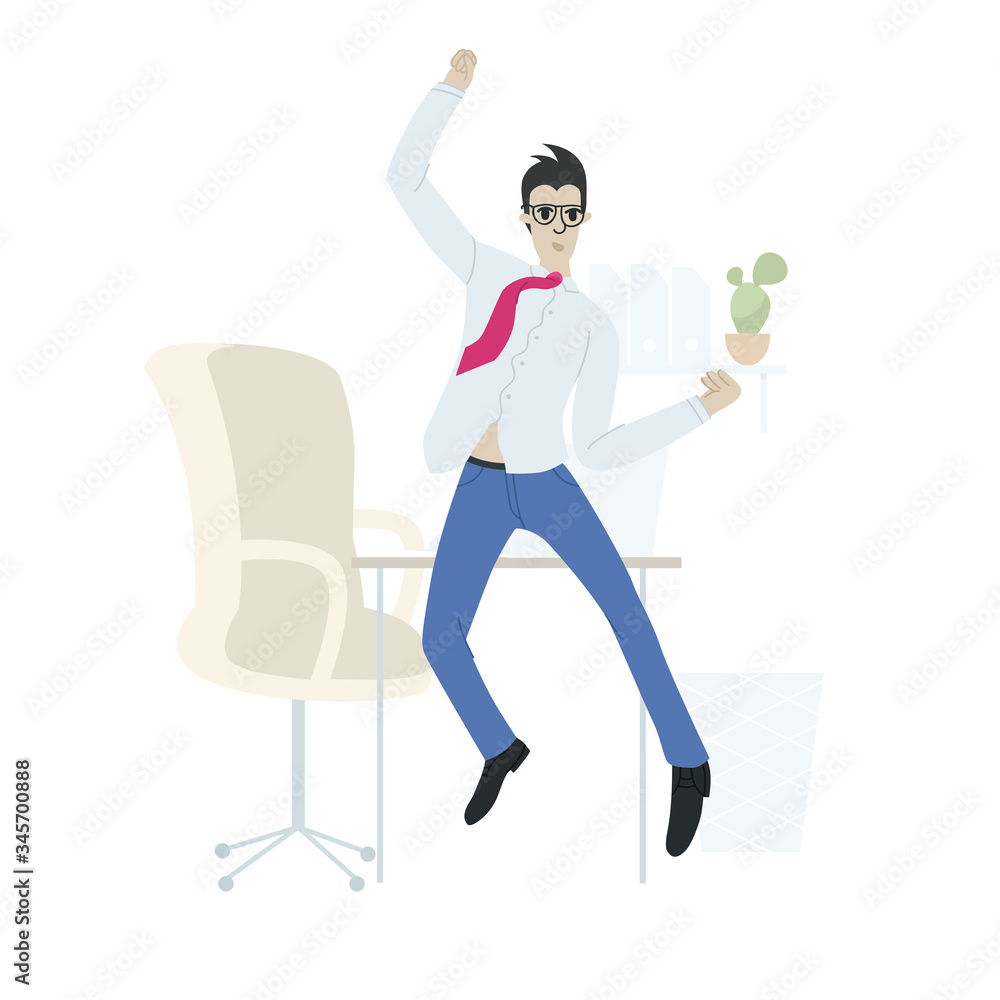 Happy businessman jumps with joy - manager male сharacter at work Happy businessman jumps with joy - manager male сharacter at work