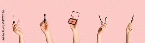 Obraz Collage with visagiste presenting different makeup products on pink background, closeup. Panorama