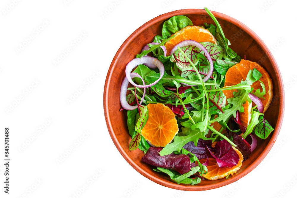 healthy salad tangerines citrus, lettuce, arugula and other herbs. Menu concept food background, keto or paleo diet. top view. copy space for text healthy salad tangerines citrus, lettuce, arugula and other herbs. Menu concept food background, keto or paleo diet. top view. copy space for text