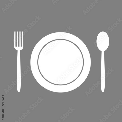 White silhouette of plates, spoons and forks. Symbol for lunch or restaurant menu. Vector flat illustration. View from above.