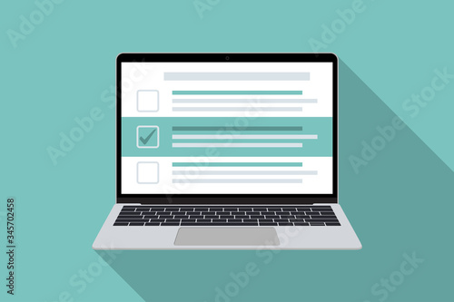 Laptop with checklist in a flat design with long shadow. List with checkboxes