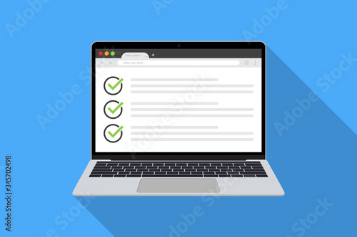 Laptop with checklist in browser page in a flat design with long shadow