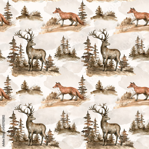 Watercolor seamless pattern with deer, fox, landscape. Wildlife nature elements, animals, trees for children's textile, wallpaper, covers