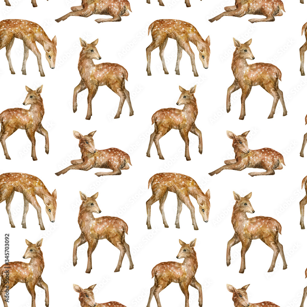 Obraz premium Watercolor seamless pattern with cute baby dappled deer. Wild little forest animals. Background in nature style for children textile, wallpaper, wrapping, covers.
