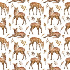 Fototapete Rehkitz-Muster Aquarell Bambi Waldpflanzen Kindermuster  © Kate K.