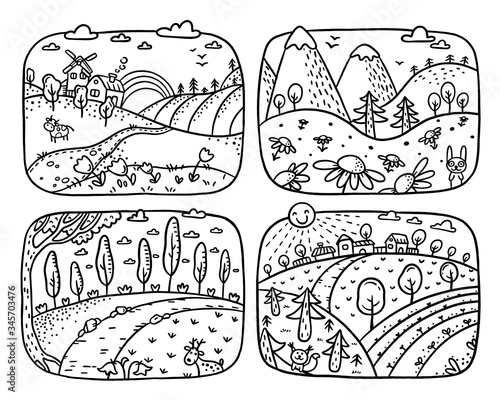 A set of four black and white cartoon landscapes which can be used as coloring pages