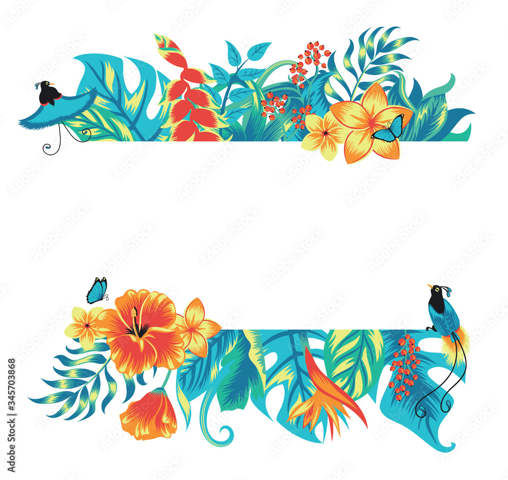 Summer tropical background banner with exotic paradise birds, palm leaves and hibiscus flowers. Vector floral background. Summer tropical background banner with exotic paradise birds, palm leaves and hibiscus flowers. Vector floral background.