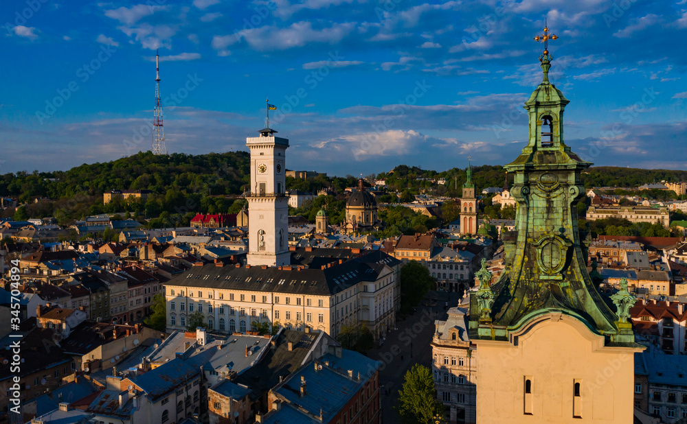 View on Lviv city hall from drone