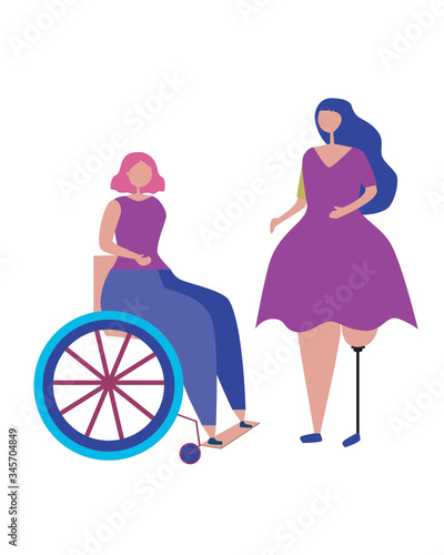 A girl with a prosthetic leg and a European woman in a wheelchair isolated on white background, a vector stock illustration as a concept of inclusion and friendship for design