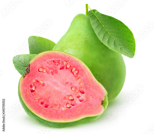 Isolated guava. One and a half pink fleshed guaba fruits isolated over white background photo