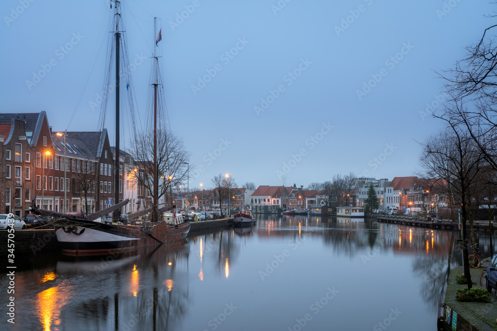 Night view of canal in Haarlem, Netherlands
