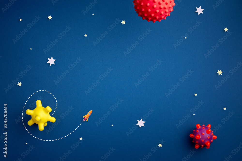 Fototapeta premium blue background with astronaut, stars and rocket