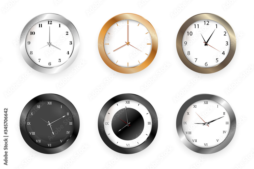 Vector wall watches with hour and minute arrows for business office on white background. Vector wall watches with hour and minute arrows for business office on white background.