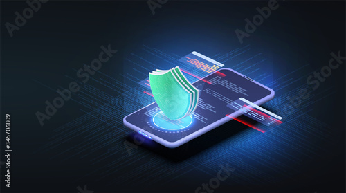 Data phone with a data security icon installed on the mobile phone. Isometric illustration of digital protection mechanism, data secure system privacy. Personal data protection,  information safety