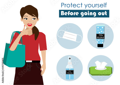 COVID-19 prevention and protection. Woman thinking of face mask, hand sanitizer alcohol gel, alcohol spray and wet wipes before going out to protect from COVID-19 corona virus spreading. Vector.