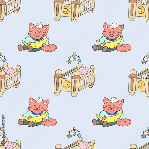 Seamless pattern cute sleepy fluffy kitten in pajamas holds crescent moon. Cradle (crib) with rattle for kitty. World of baby sleep. Vector hand drawn illustration. Great design for kids room, fabric.