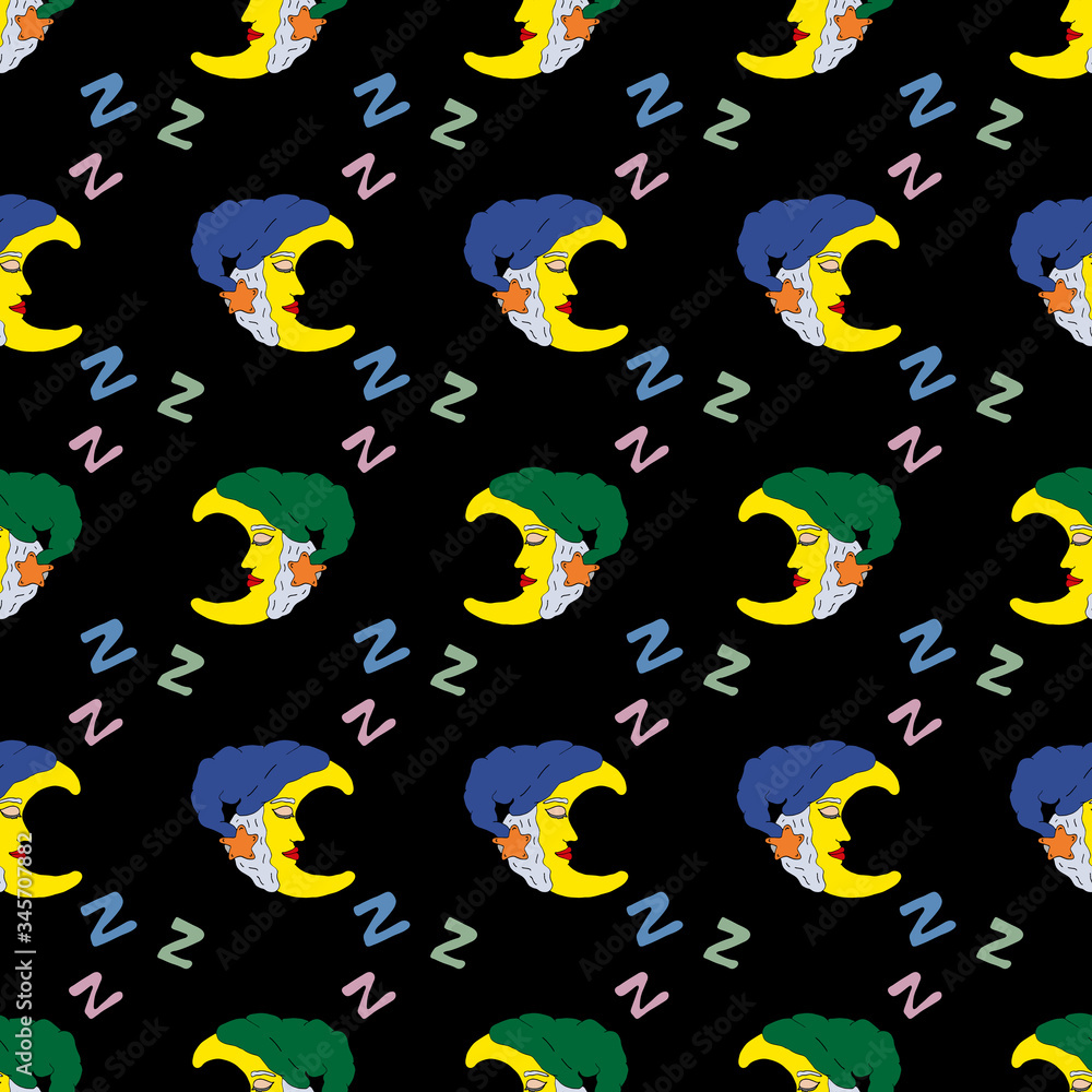 Naklejka premium Seamless pattern beautiful moon (crescent) in nightcap sleeps in dark sky. Snoring zzz. Vector hand drawn illustration. Good night. Great design for kids room, wrapping paper, postcard, fabric.