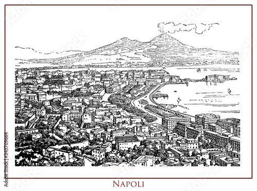 Vintage illustrated table with a panoramic view of Naples (Napoli) capital of Campania region of Southern Italy. The city is an important Mediterranean port near Mount Vesuvius active volcano