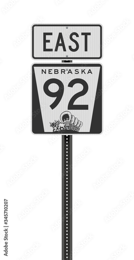 Vector illustration of the Nebraska State Highway 92 and East road signs on metallic post Vector illustration of the Nebraska State Highway 92 and East road signs on metallic post