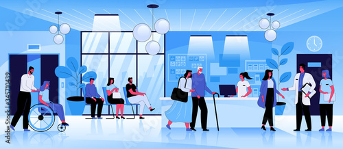 Medical center reception flat vector illustration. Men and women waiting in line, doctor speaking with patients cartoon characters. Hospital waiting room interior. Healthcare and medicine concept