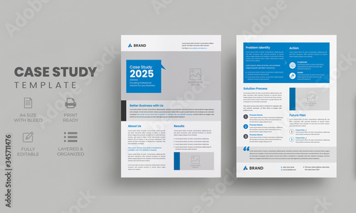Case Study Template | Business Case Study Booklet Layout with blue elements | Double Side Flyer Template