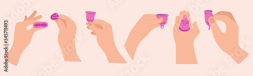 Menstruation theme to use menstrual cup. Sanitary protection for feminine period. Device for collection blood, zero waste. Personal hygiene.