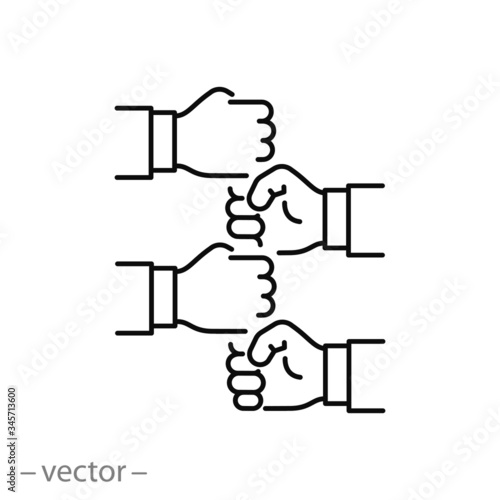 putting their fist on top of each other icon, building teamwork company, collaboration business group, employees together, thin line web symbol on white background