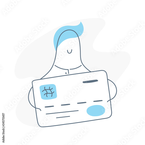 Credit card, financial and payment opportunities concept. Cute happy cartoon man, cardholder holding a bank card. Flat thin line vector illustration on white background. 