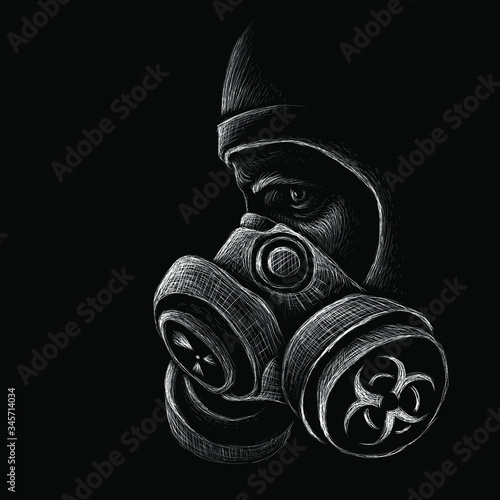 The Vector la person in a respirator with a pelvic mask during a bacteriological or chemical threat for tattoo or T-shirt design or outwear. This hand drawing would be nice to make on the black fabric