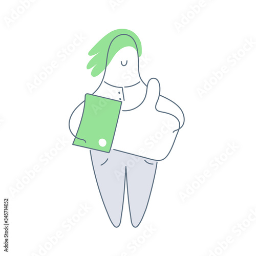 A like sign, appreciation and positive feedback in social media. Cartoon woman holding sign with thumbs up. Flat line icon vector illustration on white background.