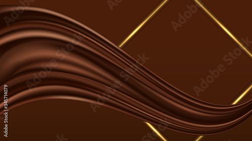Chocolate wavy background. Golden glowing frame and chocolate satin wave swirl for abstract cover or poster design. Vector illustration