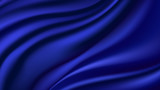 Blue silk wavy background. Smooth shiny satin texture, deep blue wave color flow. Abstract vector illustration