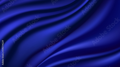 Blue silk wavy background. Smooth shiny satin texture, deep blue wave color flow. Abstract vector illustration