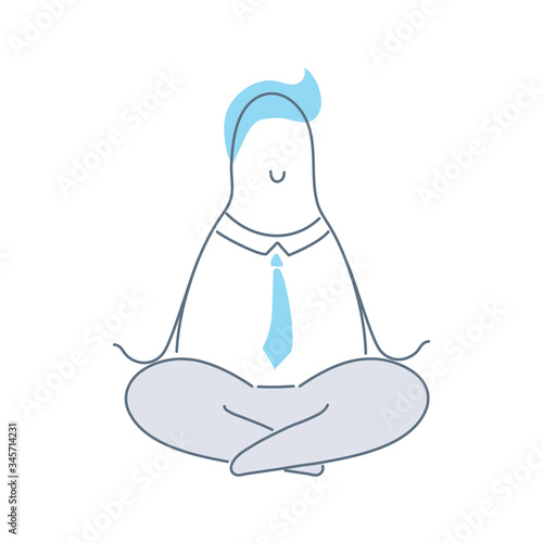Mindfulness & relaxation, businessman practicing meditation and sitting in lotus pose. Concentration, balance, and self-awareness concept. Flat line vector illustration on white.