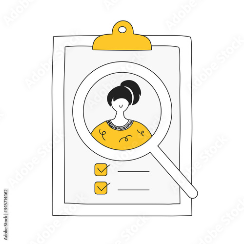 Recruitment, job candidate review, CV analysis concept. Curriculum vitae under a magnifying glass. Flat line vector illustration on white.