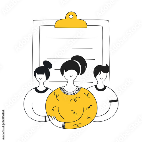 Job candidates, hiring and recruitment process. CV assessment, interviewing, selection, recruiting concept. Black and yellow people are in front of thclipboard. Flat line vector illustration on white.