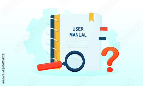 User manual document concept. Requirements and specifications document. Magnifier icon and question mark with gears on the blue background