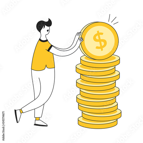 Fees and funding, banking, business investment, and money savings illustration concept. Cartoon man puts the golden coins in a pile. Flat line black yellow vector on white.