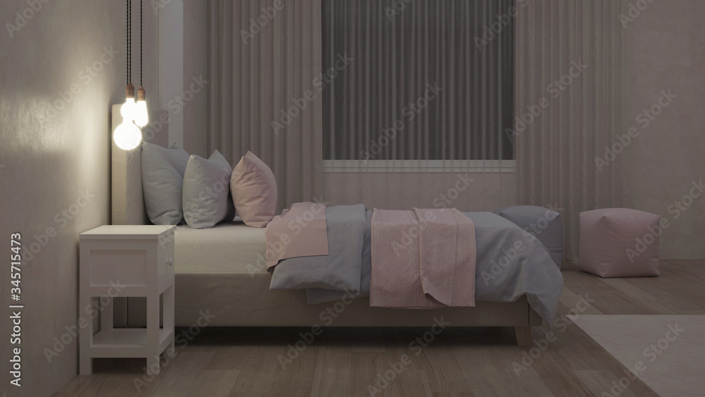 Fototapeta premium Bedroom designed for girls. Kids room design. Night. Evening lighting. 3D rendering.