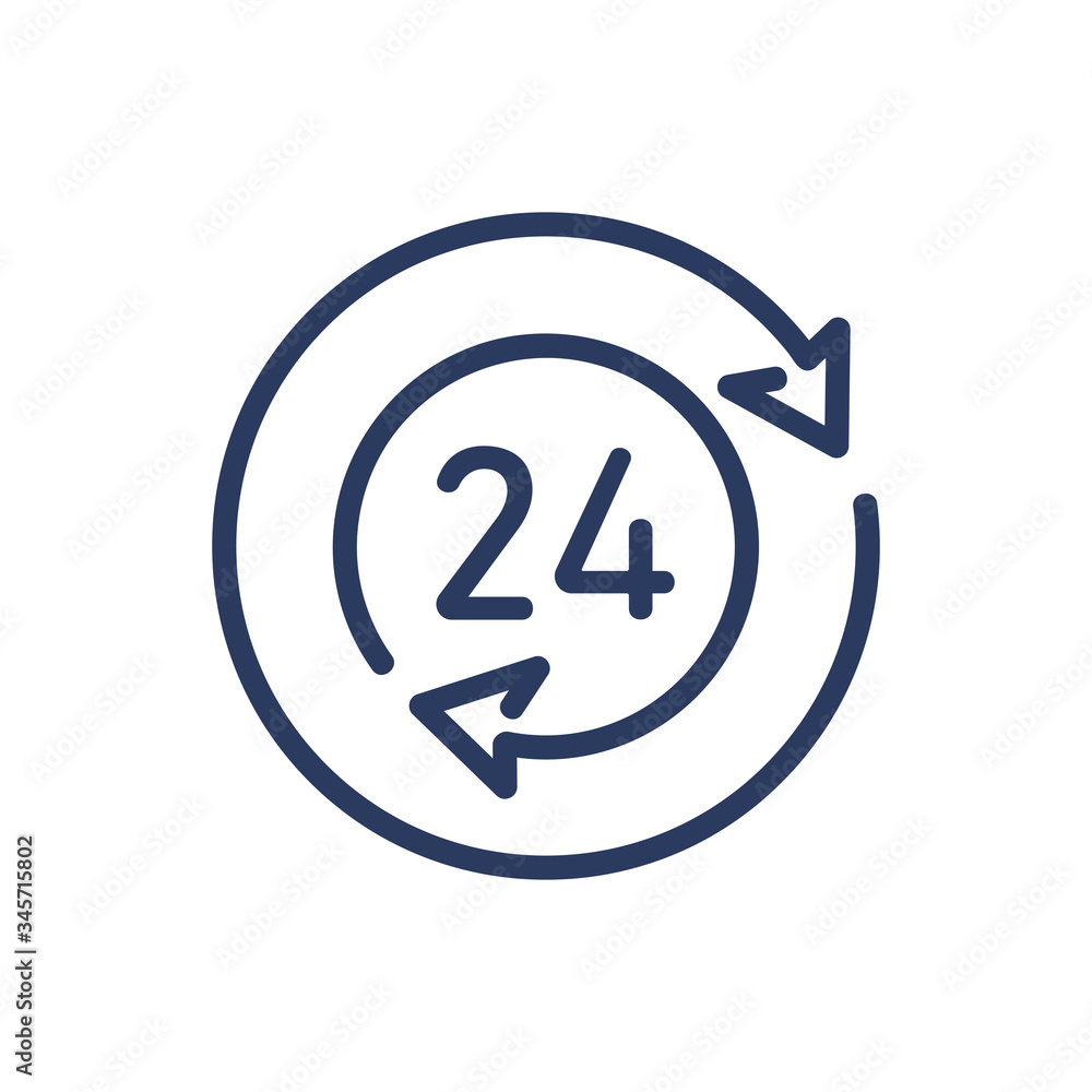 Round-the-clock thin line icon. Twenty-four, open, arrow isolated outline sign. Time and measurement concept. Vector illustration symbol element for web design and apps Round-the-clock thin line icon. Twenty-four, open, arrow isolated outline sign. Time and measurement concept. Vector illustration symbol element for web design and apps