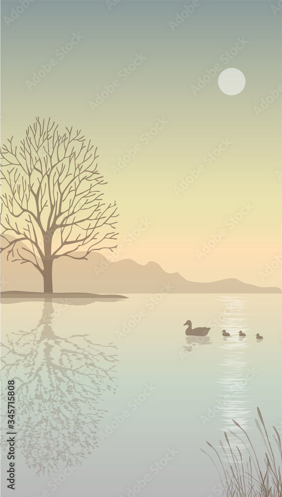 Fototapeta premium Beautiful autumn landscape with a tree by the river.Vector illustration of ducks floating on water.