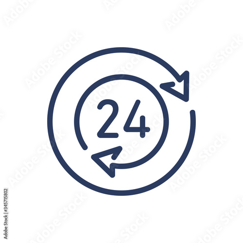 Round-the-clock thin line icon. Twenty-four, open, arrow isolated outline sign. Time and measurement concept. Vector illustration symbol element for web design and apps