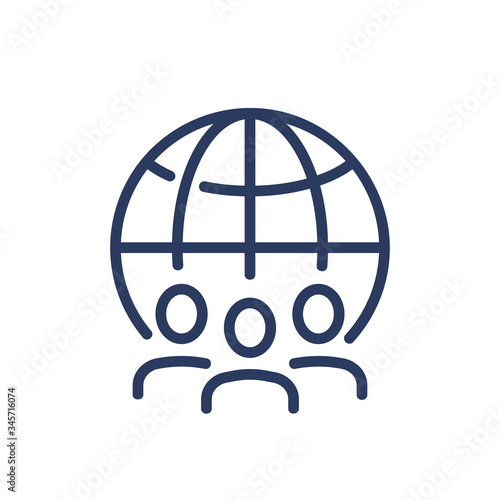 Globe and corporate staff thin line icon. Worldwide, earth, global isolated outline sign. Teamwork and business concept. Vector illustration symbol element for web design and apps