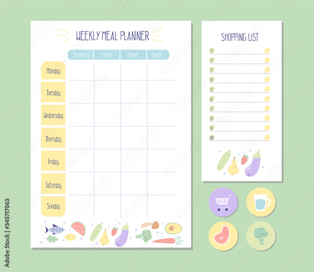 Weekly Meal planner and Shopping list with simple flat illustrations and  stickers. Template for agenda, meal healthy planners, and other stationery.  Isolated. Vector. Stock Vector