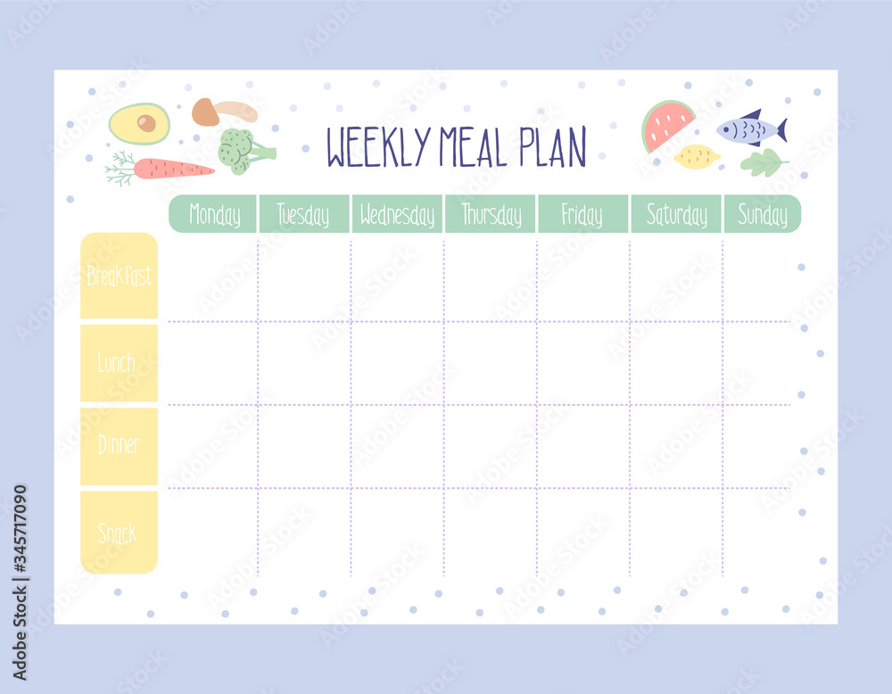 Weekly Meal Planner with simple flat illustrations. Template for agenda,  meal healthy planners, and other stationery. Isolated. Vector. Stock Vector