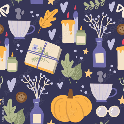 Vector seamless pattern with Hygge Autumn concept and cozy things - candles, book, pumpkin, tea, vase, flowers. Greeting card template, hand drawn style. Print for wallpaper, textile and your design