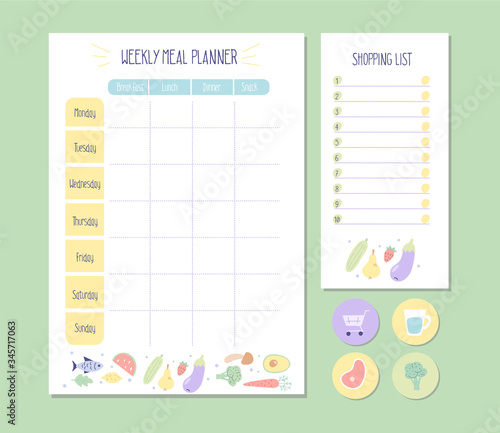 Weekly Meal planner and Shopping list with simple flat illustrations and stickers. Template for agenda, meal healthy planners, and other stationery. Isolated. Vector.