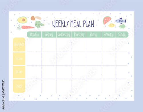 Weekly Meal Planner with simple flat illustrations. Template for agenda, meal healthy planners, and other stationery. Isolated. Vector.