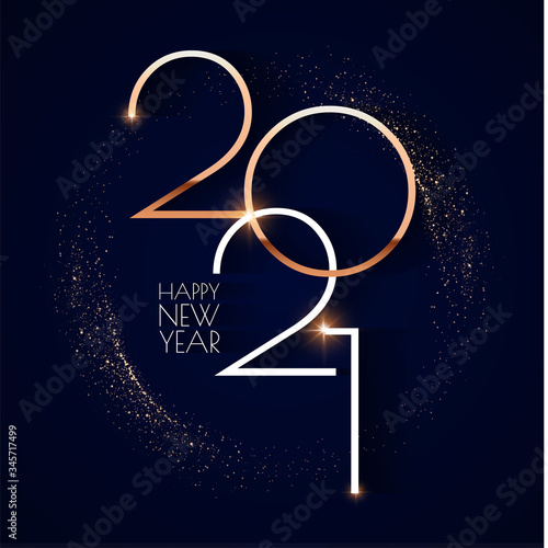Happy new 2021 year Elegant gold text with light. Minimalistic text template.